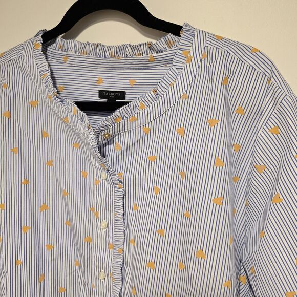 Talbots Size 3X Ruffle Band Collar Poplin Button Down Stripe Gold Heart Cotton - Picture 2 of 10